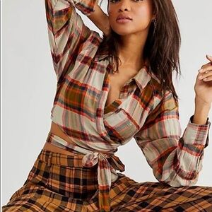 We The Free One Way Plaid Cropped Wrap Tie-Front Top Size XS